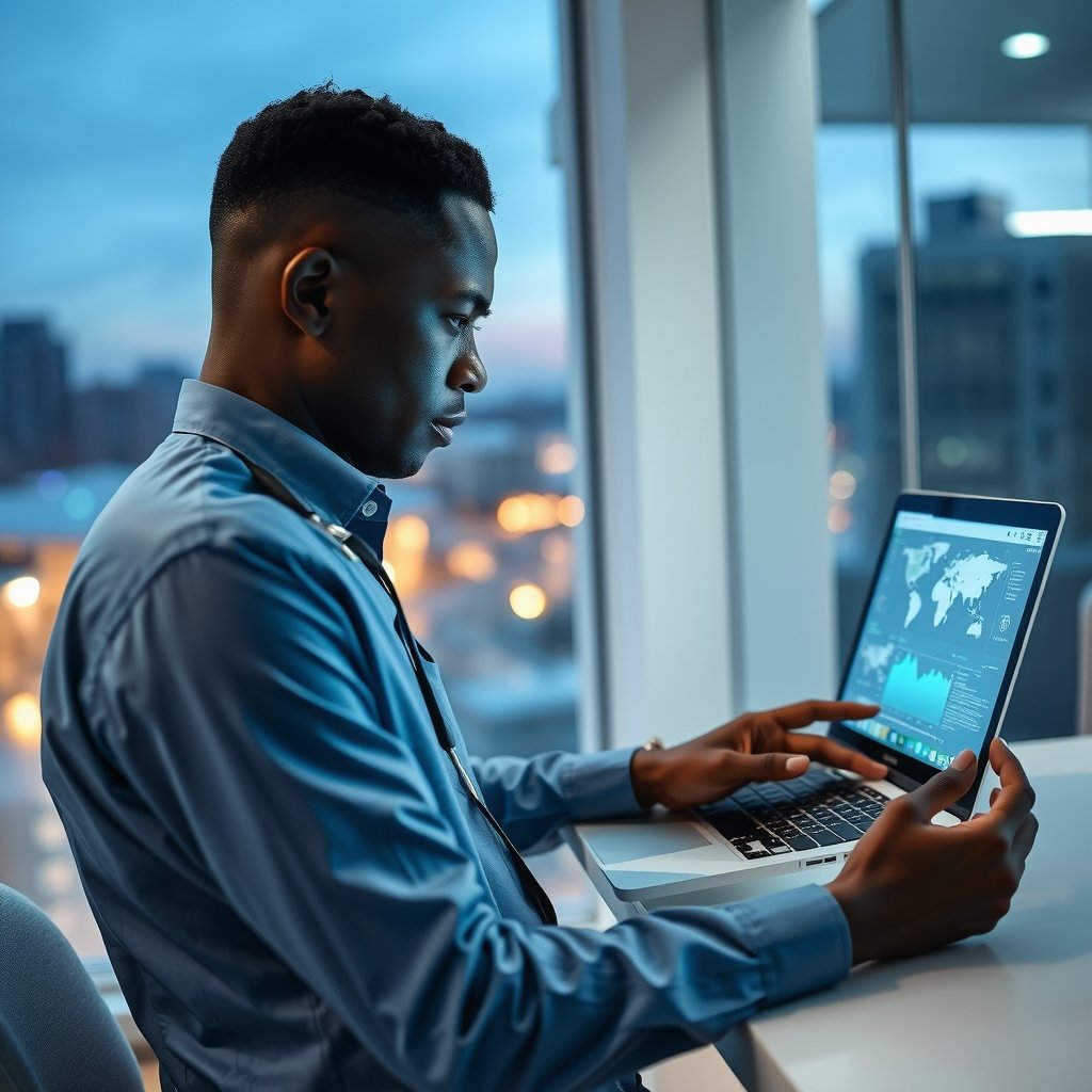 A manager reviewing a dashboard on a laptop